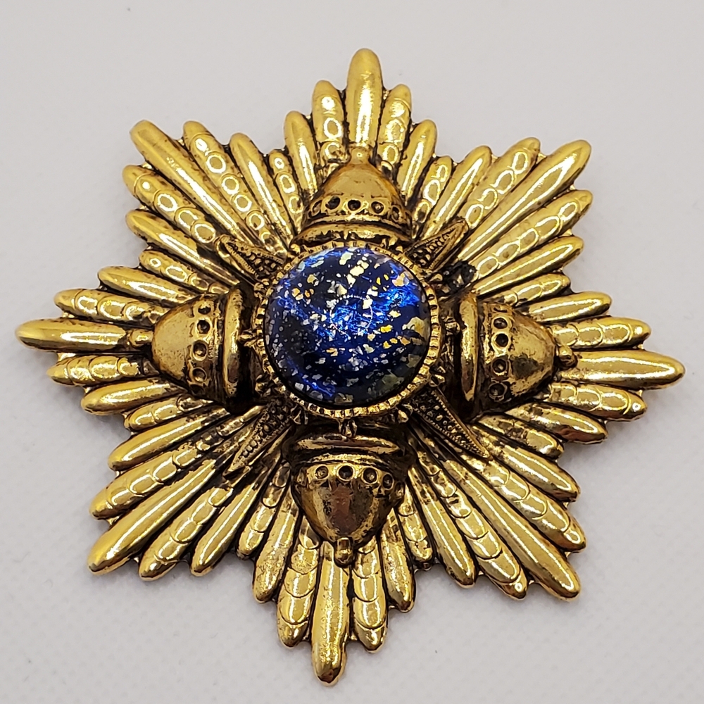 Vintage Maltese Cross Heraldic Sunray Brooch Foiled Glass Regent Medal Jewelry